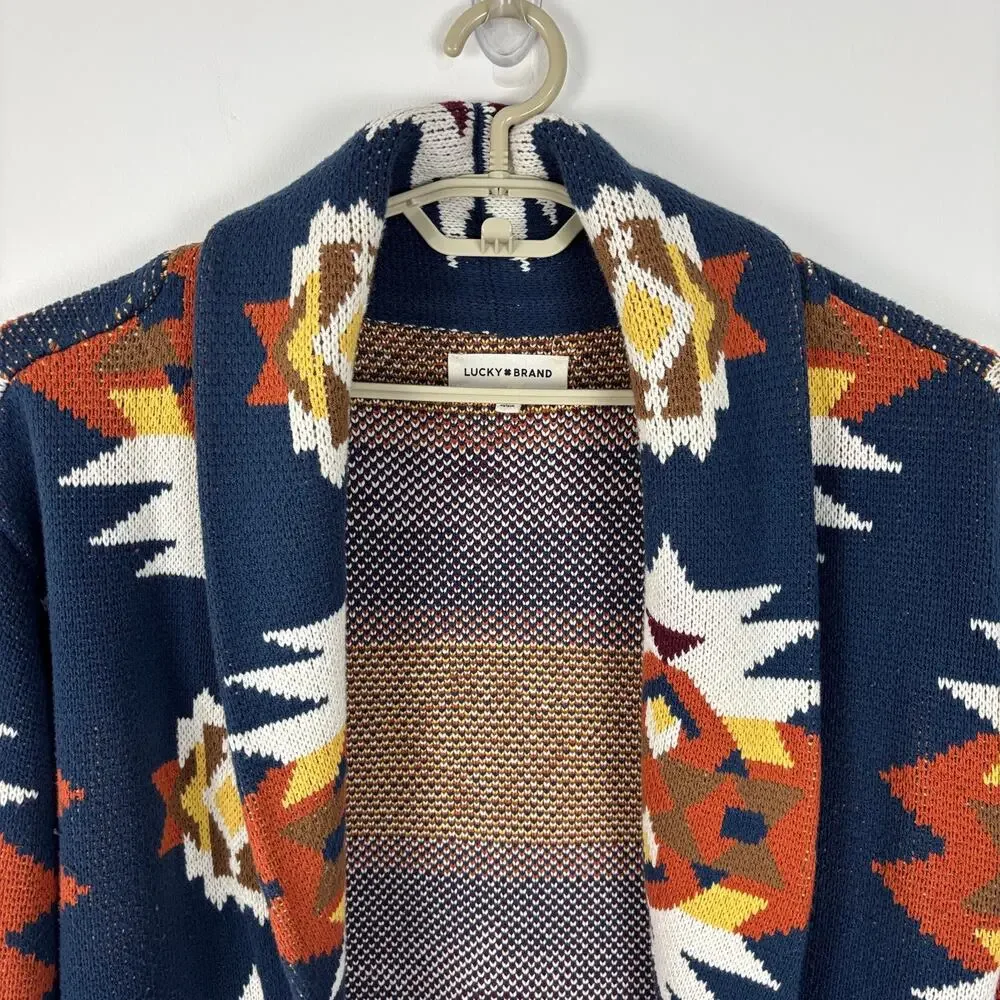 Lucky Brand Southwestern Sweater Coat Medium blue orange pockets